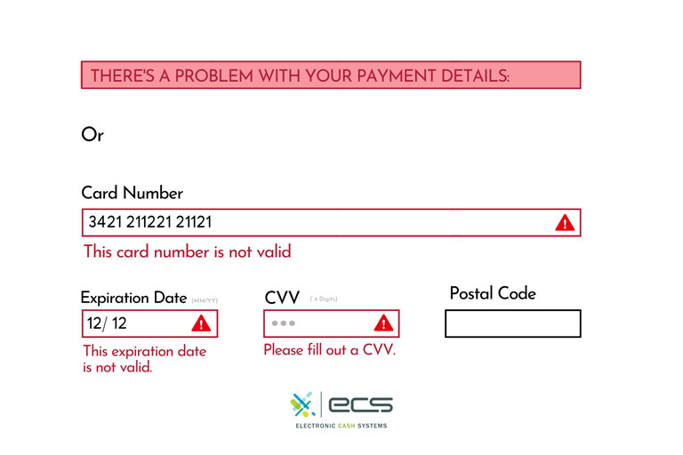 Graphic showing error message queues when inputting credit card numbers online