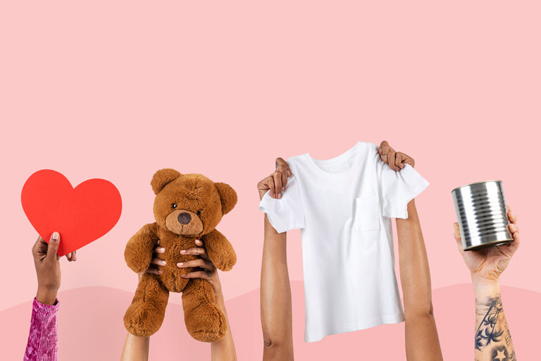 4 people holding up a red heart, a teddy bear, a white t Shirt and a can of food