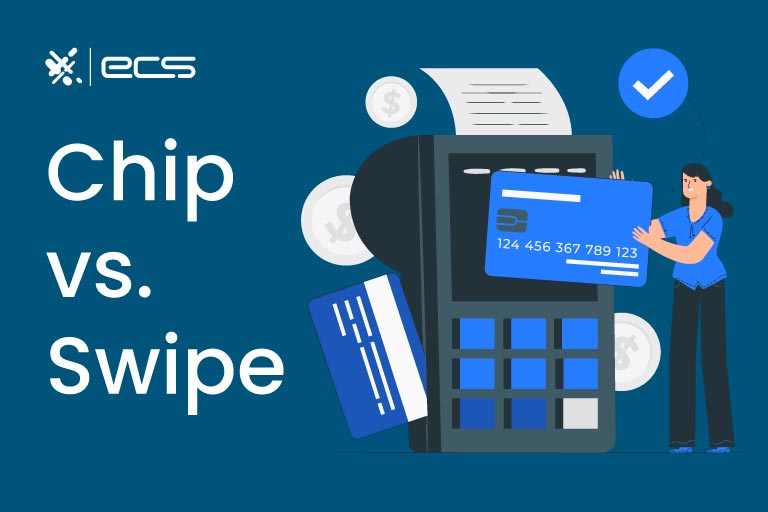 Infographic showing a woman making a payment on a payment terminal showing the difference between chip and swipe