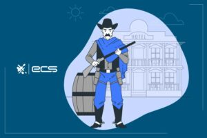 Cowboy in front of a bank holding a gun