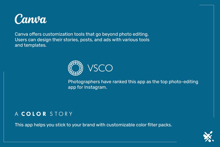 infographic explaining the features of Canva and vsco editing and design tools