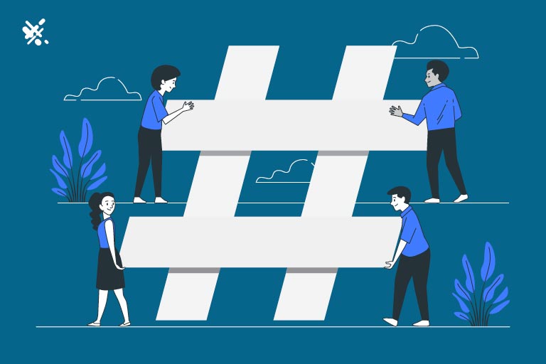 Illustration of 4 people holding a hashtag sign