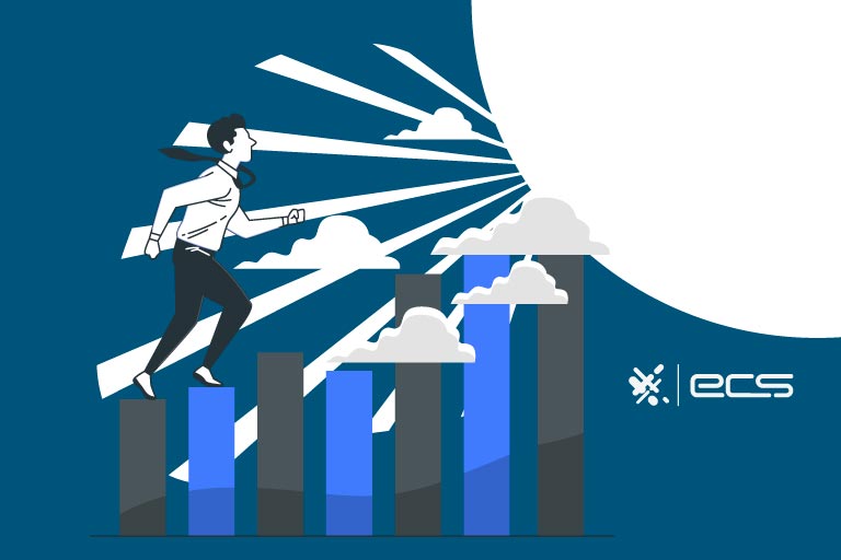 This illustration features a business owner climbing ascending bar charts reaching toward the sun and clouds, representing significant business growth. It underscores the importance of separating personal and business credit by establishing business credit with an EIN.