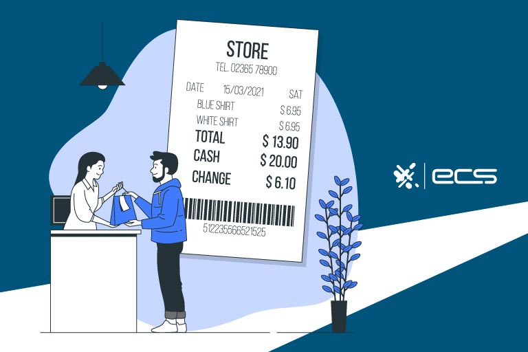 Young male making a purchase at a store and a receipt showing the total amount he paid