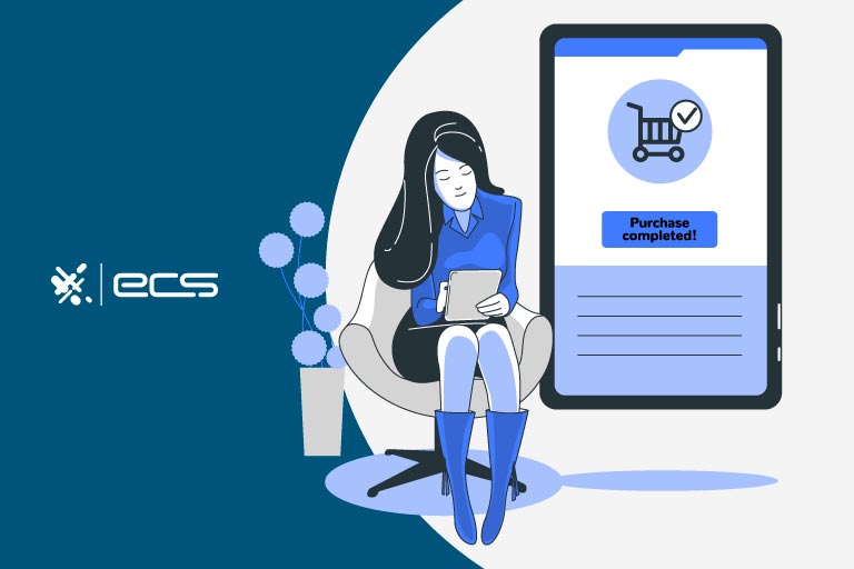 This illustration shows a woman at her office desk, using a smart tablet to complete an online purchase on a website that uses Authorize.net. Behind her, a larger tablet screen displays a "Purchase Completed" message and a shopping cart with a checkmark, emphasizing the importance of selecting the right payment gateway for seamless transactions.