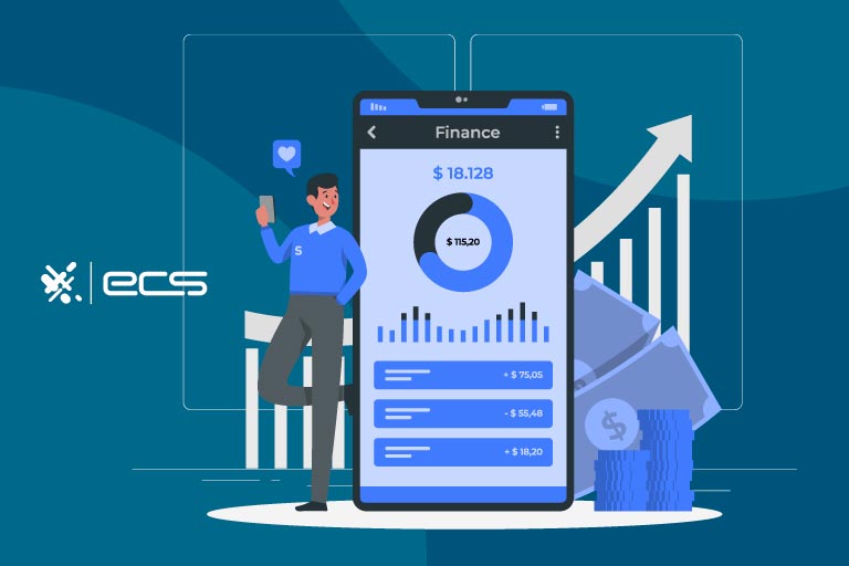 Man leaning on a smartphone displaying growth in finances