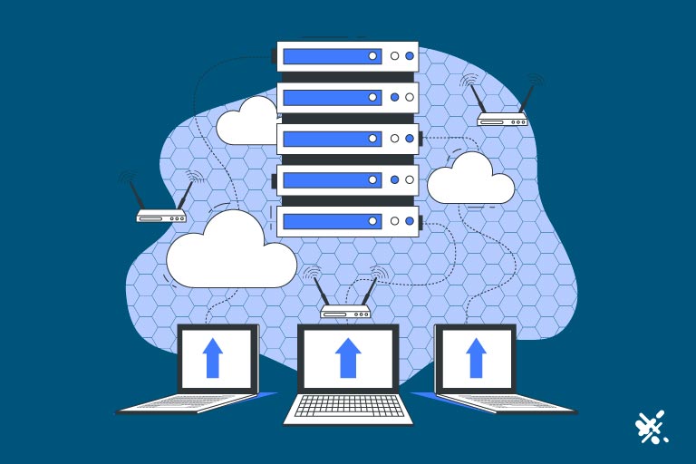 Graphic of laptops uploading information to several servers and clouds