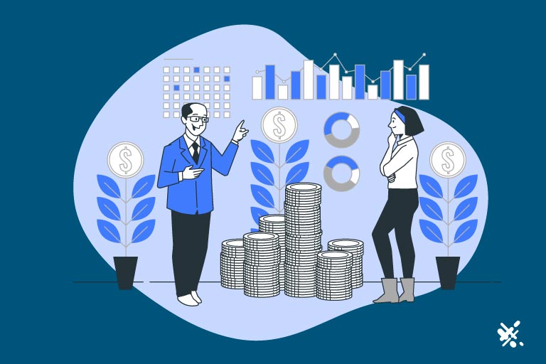 A man and a woman discussing graphs with a pile of coins between them