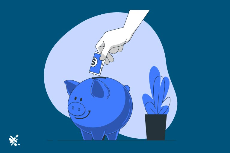 Illustration of a woman's hand putting money in a piggy bank