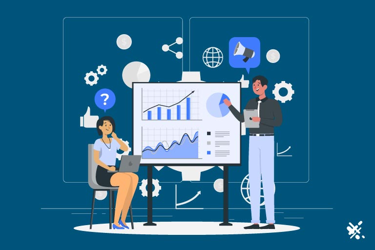 Female and male colleagues checking analytics of a business on a whiteboard