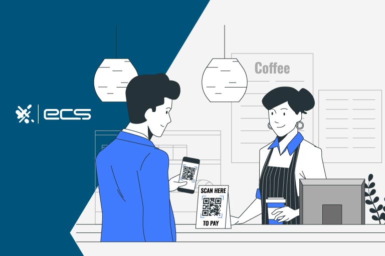 The illustration features a person at a coffee shop using their phone to pay for their coffee by scanning a QR code on the counter. The barista, equipped with a point-of-sale system, hands over the coffee, showcasing the efficiency of contactless transactions.