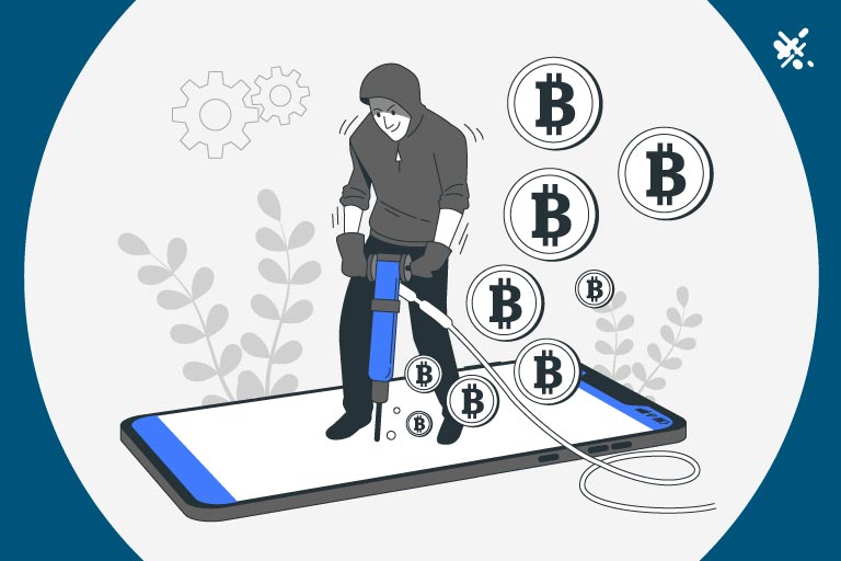 Illustration of a man drilling for cryptocurrency on a smartphone's screen