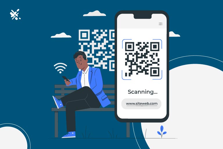 Young man sitting on a bench scanning a QR code in his phone
