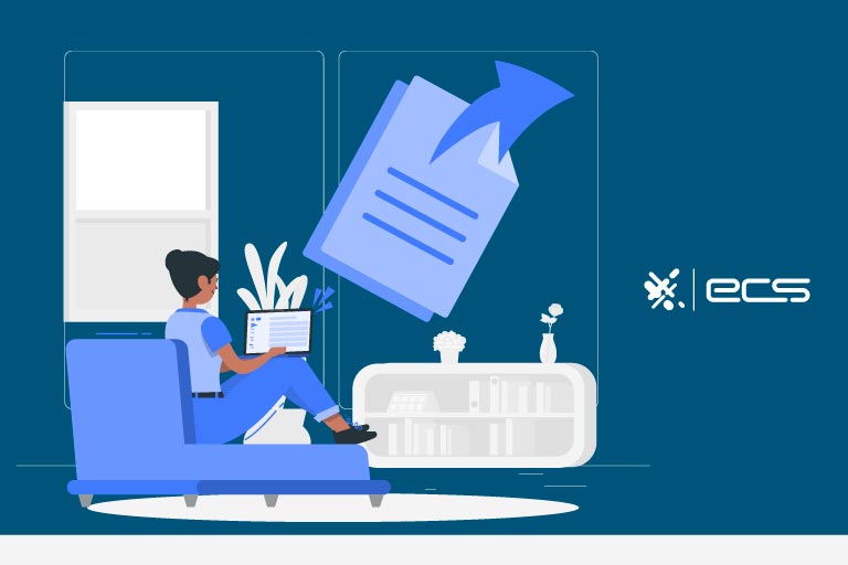 This image portrays a young woman engaged in remote work, sitting on her couch with a laptop. Above her, a prominent file icon and arrow signify the simplicity of digital file sharing. The scene metaphorically connects to the concept of push payments and pull payments.