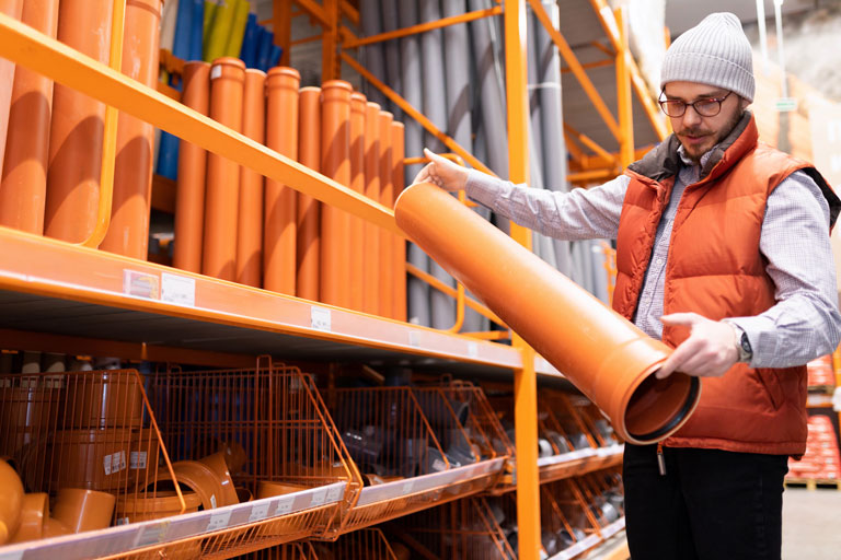 Young male in a hardware store checking orange pipes