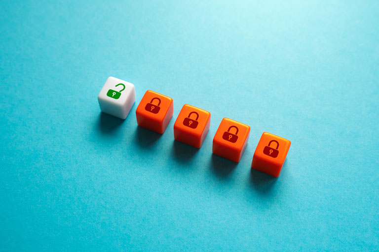 6 small cubes with padlocks printed on them