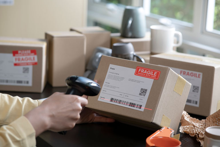 Woman scanning a shipping label on a package for her online business