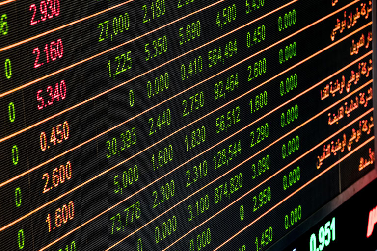 Stock market screen showing different stock prices in different countries