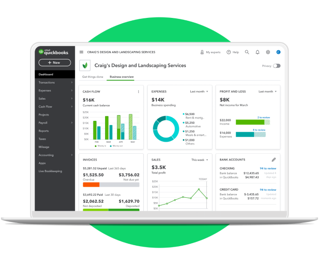 Quickbooks dashboard mockup