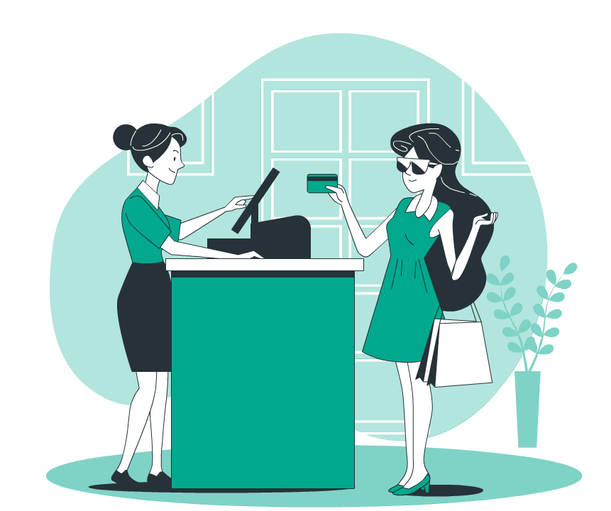 A cartoon of a woman handing her card to a cashier