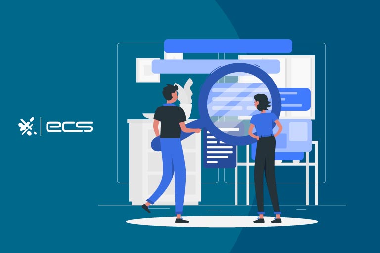 The illustration shows a man and a woman using a giant magnifying glass to closely inspect text messages featuring payment links. This visual underscores the ease and efficiency of payment links, which streamline transactions by providing a direct route to a pre-filled payment page.