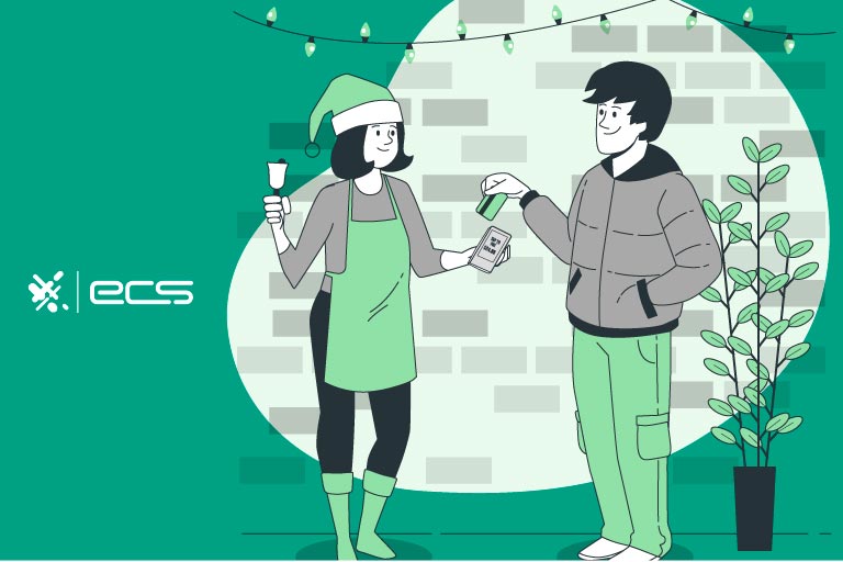 This illustration captures a young male using his credit card to pay for a holiday gift on a wireless credit card machine held by a store worker in front of a retail store. This scene not only highlights the convenience and modernity of wireless payment technology but also symbolizes the importance of efficient payment processing for seamless transactions.