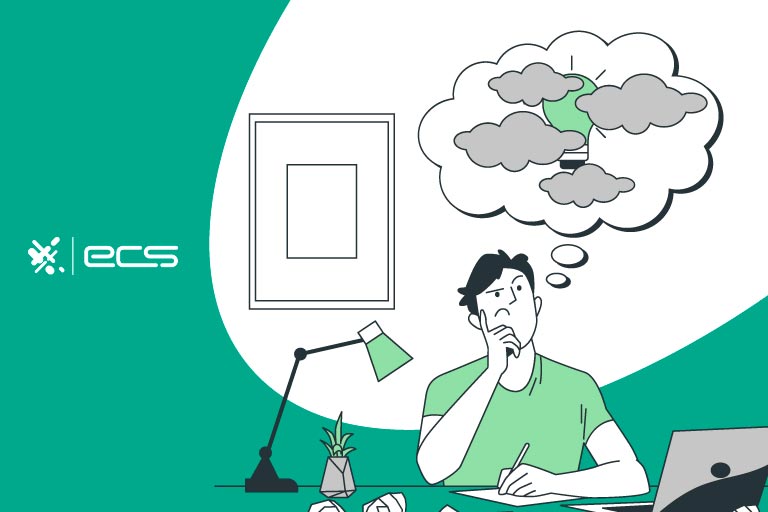 This illustration features a young male in his home office, with a thought bubble emerging from his head. Inside the bubble, a lightbulb is partially obscured by gray clouds and crumpled papers.