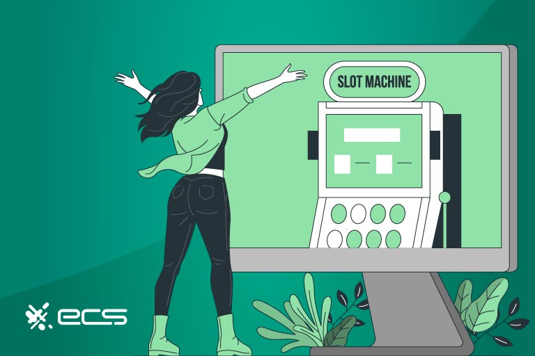 Woman lifting her arms in front of an oversized computer monitor showing a slot machine on the screen