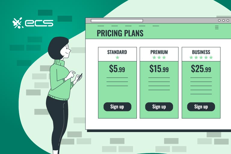 Woman choosing over 3 different kinds of pricing plans, standard, premium and business
