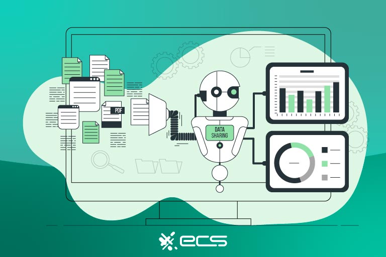 Illustration of a robot sharing different types of files and data on 2 different screens