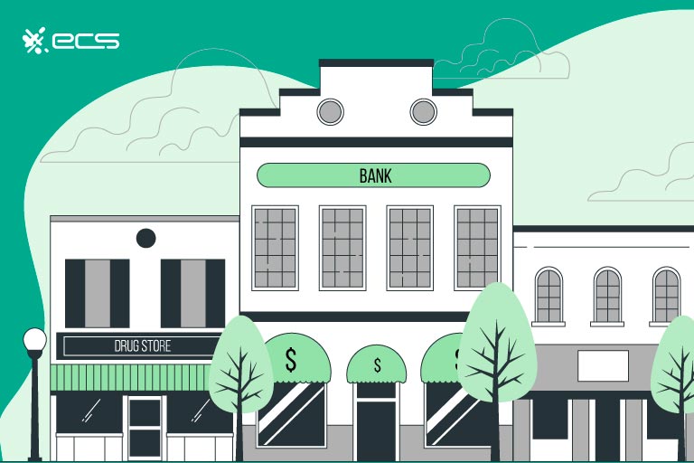 Illustration depicts a large bank in the middle of small business over a green background with the ecs payments logo on the corner