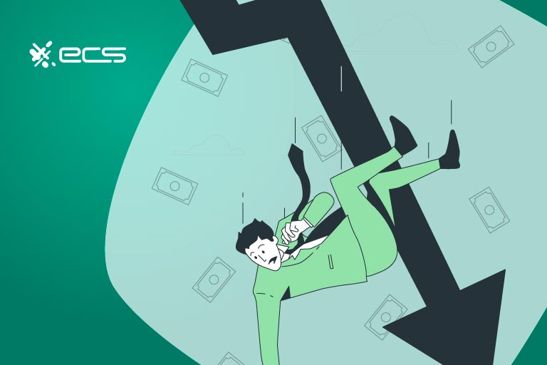 Male professional falling from the sky with dollar bills and a downtrend arrow behind