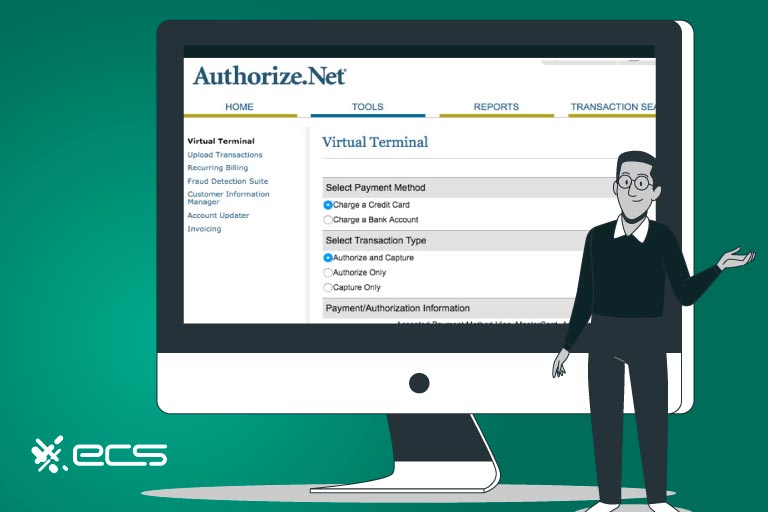 young male professional standing in front of a pc monitor with the authorize.net website opened