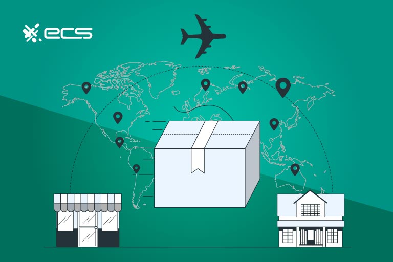 illustration of a package being shipped from a store to another across the world