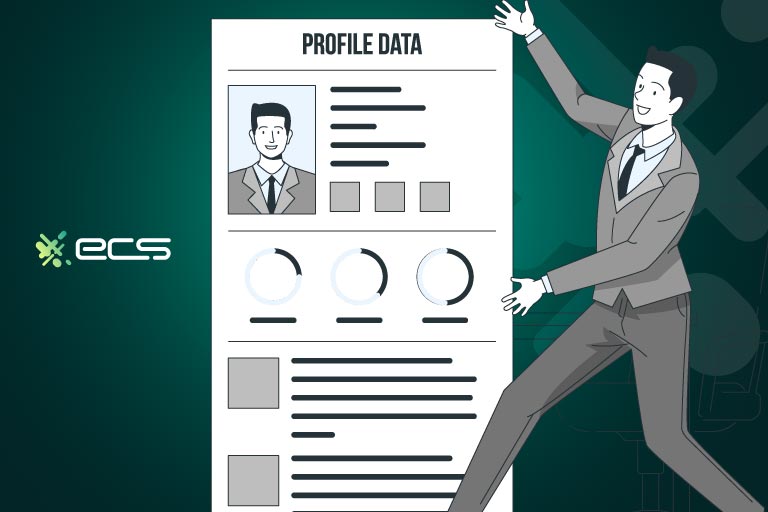 Adult male showing customer data on a profile data card