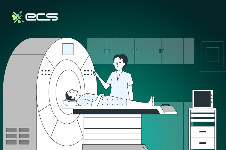 This picture shows a nurse helping a patient into a cat scan machine