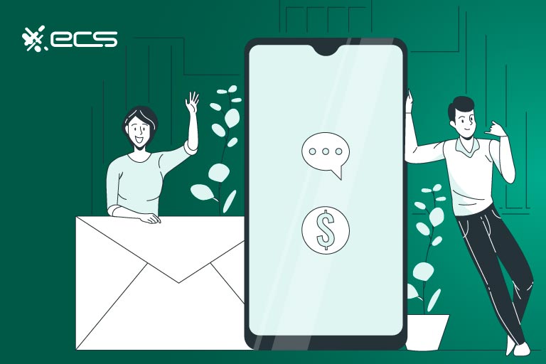 Illustration of a young couple receiving a text to pay link on an oversized phone next to an oversized envelope