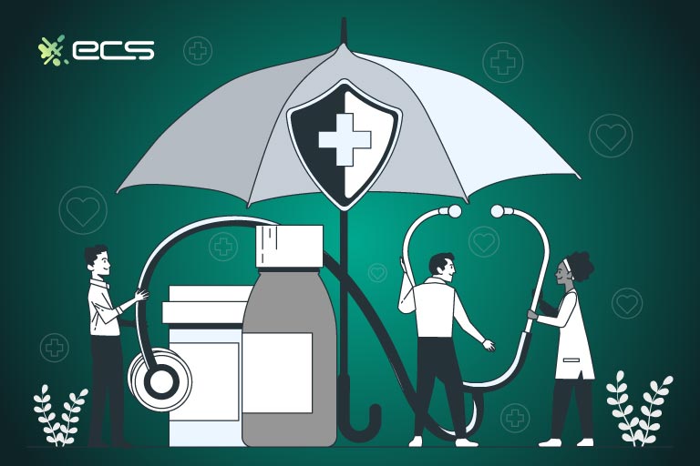 a doctor and 2 make co workers holding an oversized stethoscope and medicine under a giant umbrella with a medicine shield on top