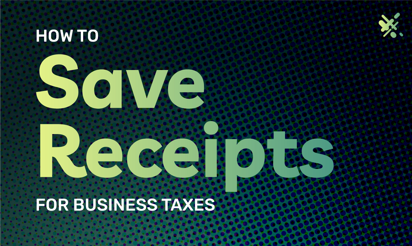 Graphic highlighting an oversized title that read: How to save business receipt for business taxes over a green background and the ECS payments logo on a corner