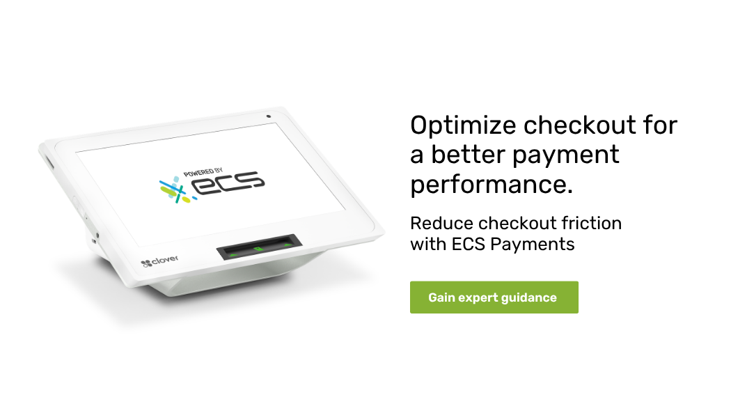 Promotional graphic showing an ECS-branded Clover payment terminal beside text that reads “Optimize checkout for a better payment performance” with a green “Gain expert guidance” button.