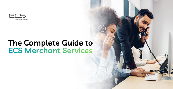 Cover image for “The Complete Guide to ECS Merchant Services,” featuring the ECS logo and a customer support office scene with representatives using phones and headsets.