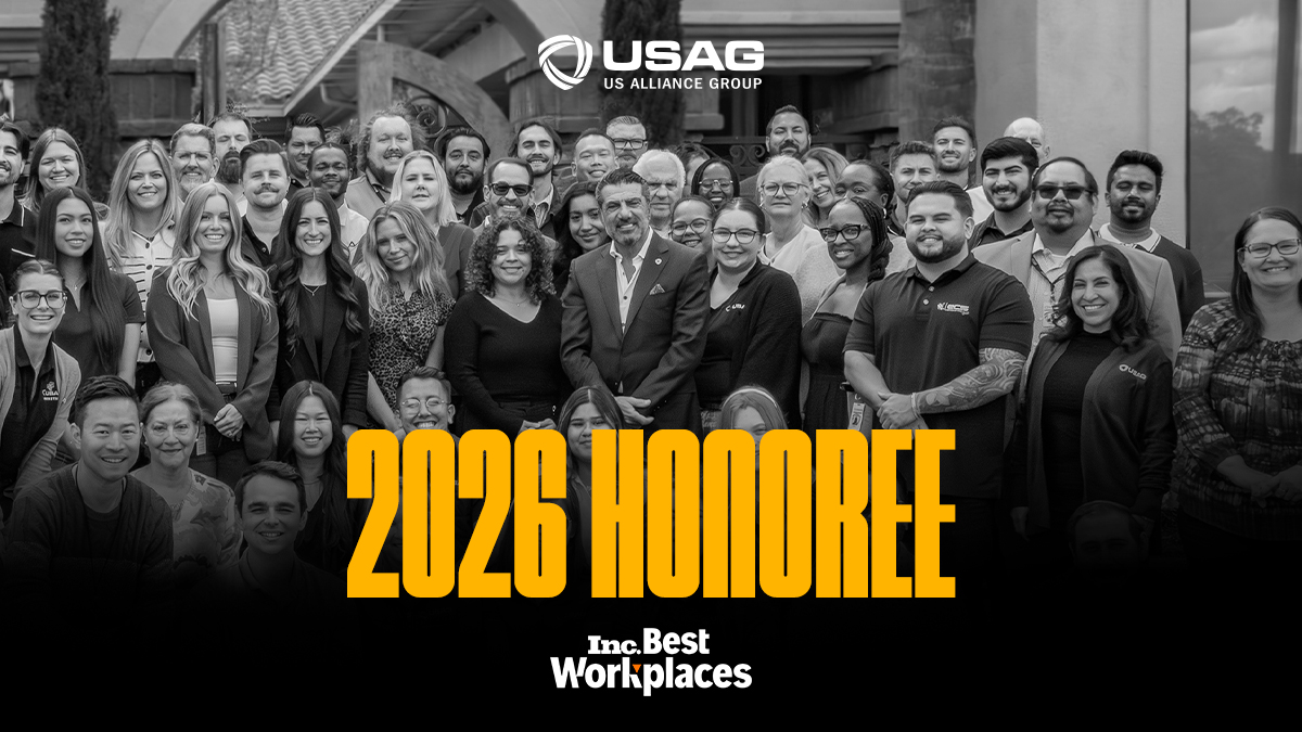 US Alliance Group team photo with “2025 Honoree” recognition for Inc. Best Workplaces, highlighting USAG’s award-winning workplace culture.