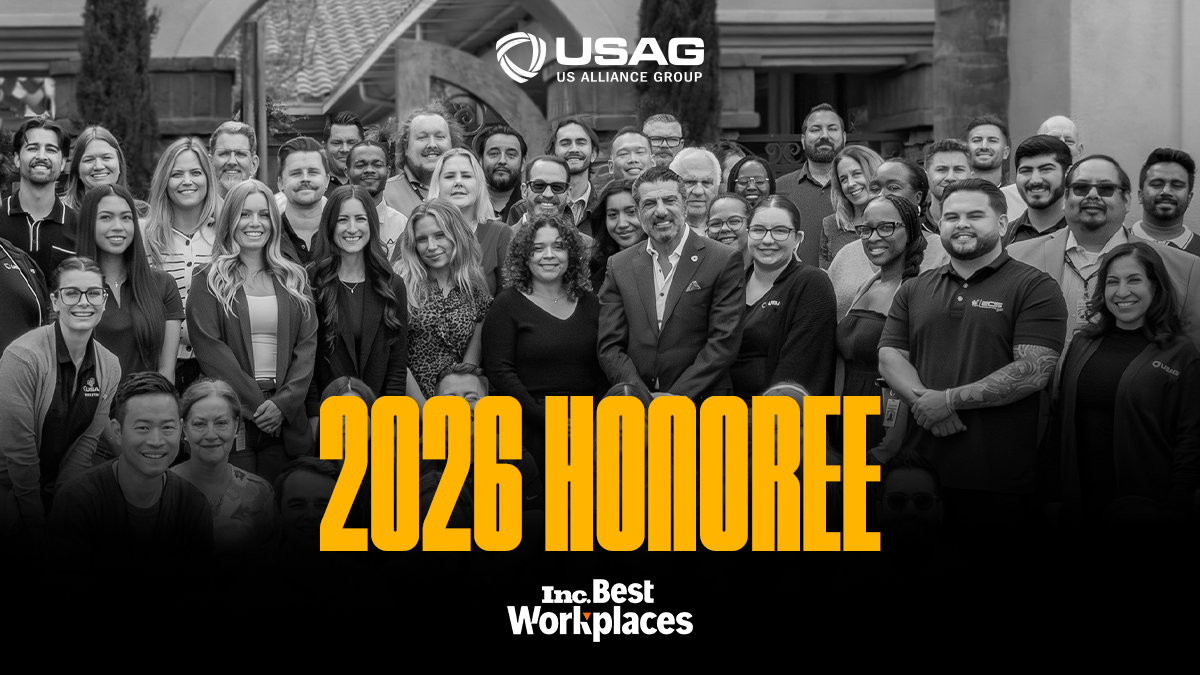 US Alliance Group team photo with “2026 Honoree” recognition for Inc. Best Workplaces, highlighting USAG’s award-winning workplace culture.